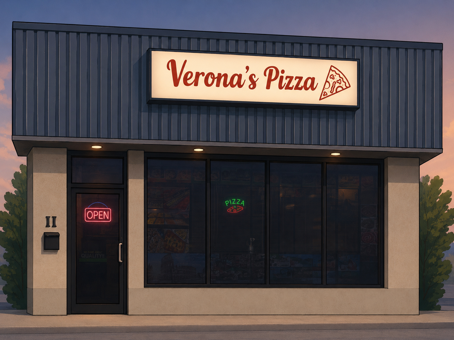 Verona's Pizza storefront at dusk with the OPEN neon sign glowing